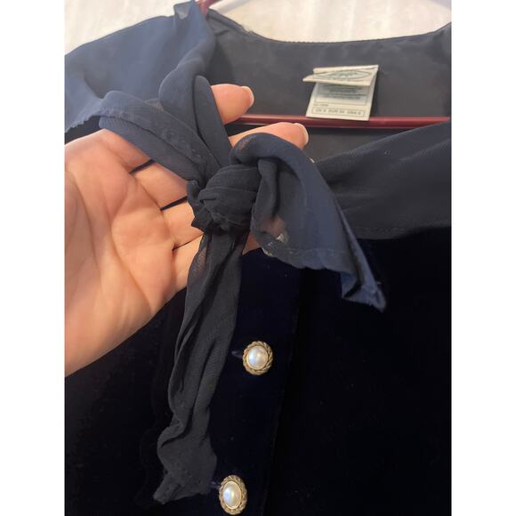 Laura Ashley Blue Velvet Shawl Collar Pearl Button Front Size 6 Vintage Dress - Picture 6 of 11